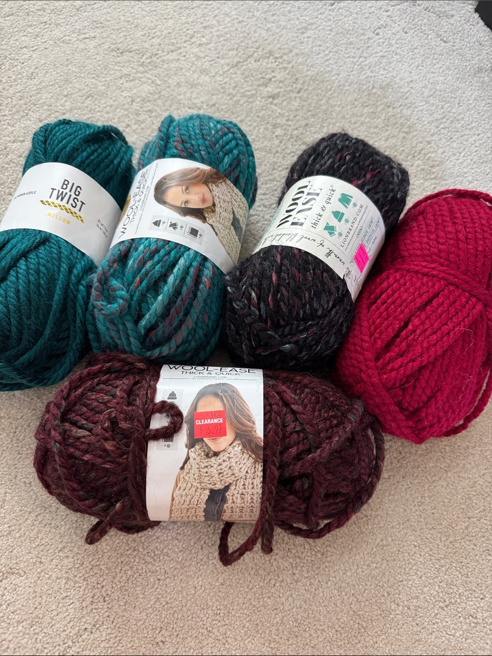 Big Twist & Wool-Ease Chunky Yarn Bundle in Teal, Green, Black, Pink, Brown